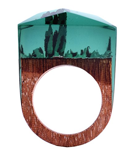 Handmade Wood Resin Rings Enchanted Forest Snow Worlds Inside Ring Jewelry For Womens (Xmas Green, 7)