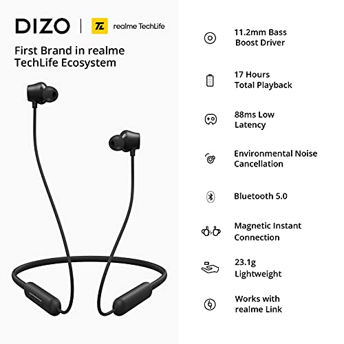 DIZO Wireless Neckband Headphones Bluetooth Earphones, 11.2mm Bass