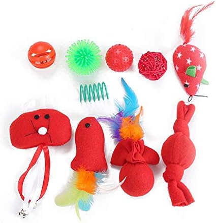 Brattie 10Pcs Christmas Cats Toys Kitten Toys, Pet Toys Cute Mouse Doll Feather Bell Ball Scratch Toy for Cats, Puppy, Kitty, Kitten
