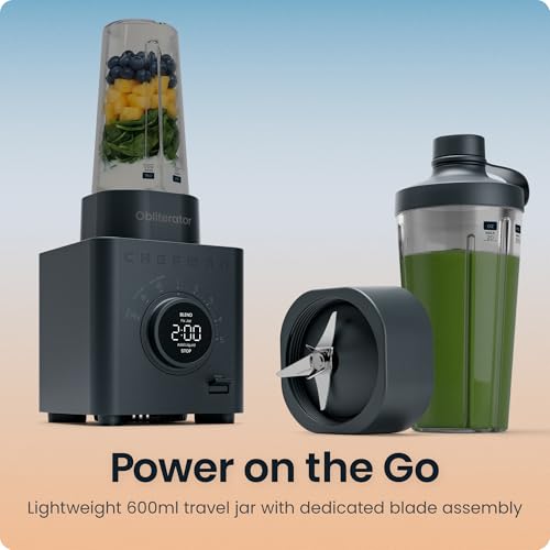Chefman Obliterator 1.2L Smoothie Blender 1380W, Crushes Ice & Frozen Fruit | Stainless Steel Blade, Auto Blend, 600ml Travel Jar, Midnight