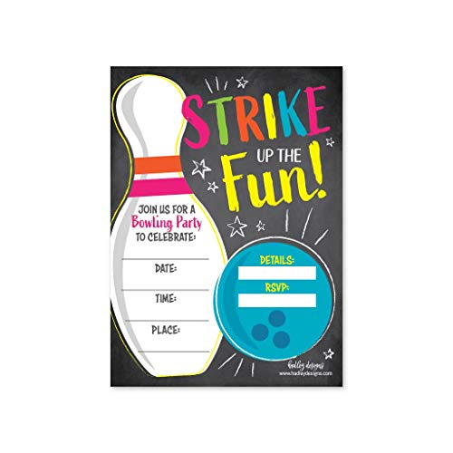 25 Bowling Birthday Party Invitations, Strike Up Some Fun Themed Kids Invite Supplies, Boys Girls Retro Cosmic Ten Pin Style Bday Idea, Galactic Glow Alley Coed Style Printed or Fill in The Blank Card