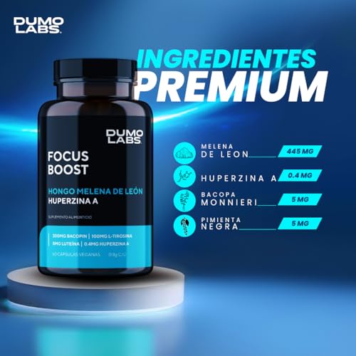 Dumo Focus Boost | Nootrópico Natural con Melena de León, Bacopa, Luteína, L-Tirosina, Pimienta Negra, Huperzina A, Fosfatidilserina | Apoyo a la Memoria, Concentración y Claridad | 60 Cápsulas Veganas sin Gluten | Formula Premium para 1 mes de Consumo.