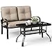 Giantex 2 Pcs Patio Loveseat with Coffee Table Outdoor Bench with Cushion and Metal Frame, Loveseat Furniture Set Sofa for Garden, Yard, Patio or Poolside