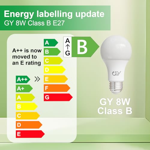 GY E27 LED Warm White Light Bulb, 8 W 1521 LM Energy Saving Bulb, Replaces 100 W Bulbs, Energy Efficiency Class B, A60 LED Warm White, Beam Angle 360° Bulb, Not Dimmable, Pack of 6