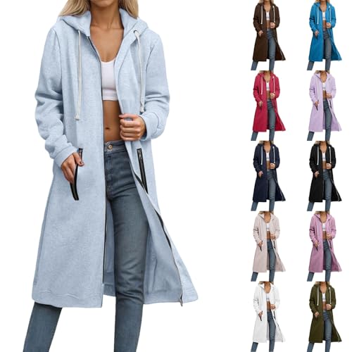 winter jumpers for women uk Hoodies for Women UK Zip Up Solid Color Longline Hooded Sweatshirts Oversized Long Sleeve Cardigan Coat Casual Loose Fit Sweater Winter Fleece Jackets (Light Ashy, L)