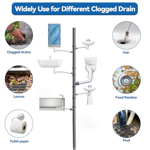 Professional Drain Unblocker 5 m x 12 mm, Sink Unblocker with Crank, 8 Pieces Dredging Cleaner Electric Adapters, Practical and Effective Unblocker for Toilets, Sinks and Drains