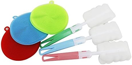 Silicone Scrubber Sponges (3 Pack) with Extended Cup/Bottle Brush (1), for Washing Dishes and Scrubbing Kitchen, Antibacterial, Non-stick
