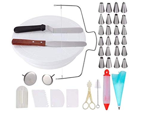 Cake Decorating Supplies Set - Professional Cupcake Decorating Kit Baking Supplies Rotating Turntable Stand, Stainless Steel Frosting Tips, Coupler, Icing Spatulas, Scrapers, Silicone Pastry