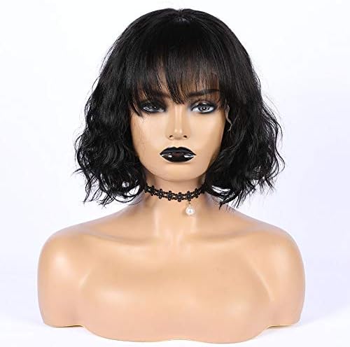 Brazilian Remy Unprocessed Natural Wavy Short Hair Lace Front Wigs For Black Woman Short Wave Bob Lace Front Wig Human Hair Wigs With Bang 130% Density 8inch