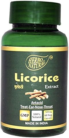 Herbo Natural AyurVedic Licorice/Mulethi (Glycyrrhiza glabra) Extract Veg Capsules (60 Capsules, 500mg) (Pack of 1)