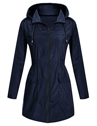 Women Waterproof Raincoat with Pockets Hoodie Rain Gear Lightweight 5 Color Pluse Size 2XL Navy Blue