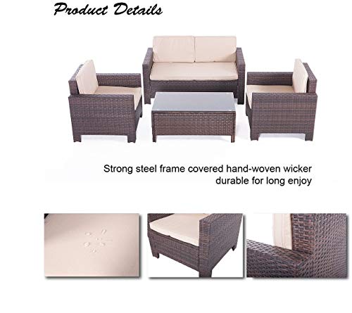 Htth 4pcs Patio Wicker Set Outdoor Indoor All Weather Outdoor Conversation Set Rattan Wicker Sofa With Cushion And Coffee Table Garden Yard Poolside Balcony Chairs Patio Furniture Accessories