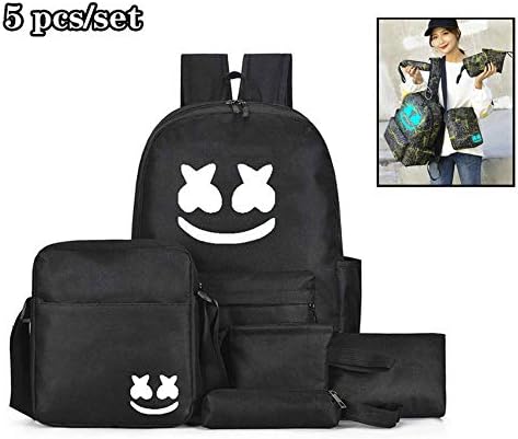 Luminous DJ Marshmallow Travel Backpack+Shoulder Bag+Small Bag+Pencil Case+Wallet 5 Set for Student Women Men Boys Girls (Black)
