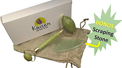 Jade Roller For Face - Premium Anti Aging Beauty Massage Tool That Reduces Puffiness & Clears Skin Toxins - Face Scraper Stone - Facial Wrinkle Therapy For Slimmer Neck Face Eyes Body - Gua Sha Tools