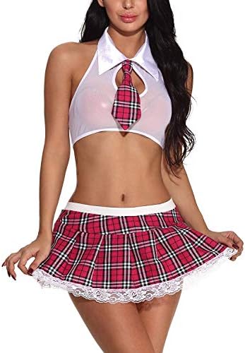 LLuuer Women Schoolgirl's Outfit Costume Lingerie Set with Tie Top Shirt Mini Skirt