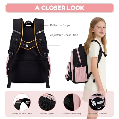Amythe Backpack for Girls College 3 Piece School Bag Set - Girl's School Backpack+Shoulder Bag+Pencil Case - Large Waterproof School Bag for Teenagers 10-16 Years -Pink
