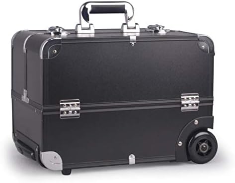 Large Cosmetic Case Beauty Trolley Travel Makeup Box with 2 Wheels,Double Open Space 3-Layer Trays - Black