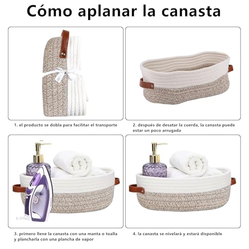 Cestas de almacenamiento para Encimera de baño, cesta de inodoro de cuerda de algodón para decoración de baño, cesta de papel higiénico, con mango de cuero,13 X 5.9 X 4 Pulgadas (2 caqui)