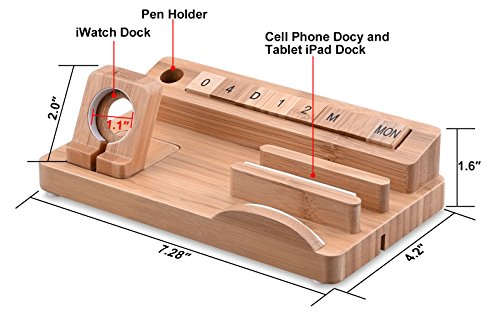 Tendak Apple Watch Phone Stand with Manual Calendar Bamboo Wood iPad Charging Dock Station for 38mm and 42mm Apple Watch & iPhone iPad Tablet and all Smartphones