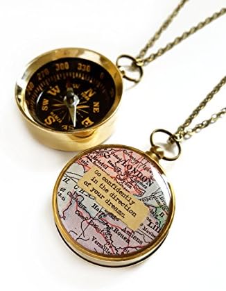 Large Compass with Custom Map and Personalized Quote, Brass or Silver, Necklace or Key Chain