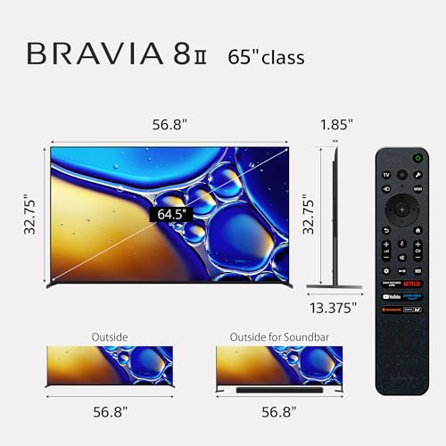 Sony BRAVIA 8 II 65 Inch TV, QD OLED, 4K Smart Google TV, XR Processor with AI Technology, Ultra Slim Design, 120hz Television, Dolby Vision/Atmos, Exclusive Features for PS5, K-65XR80M2, 2025 Model