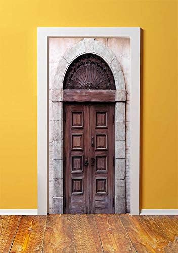 Rustic 3D Door Sticker Wall Decals Mural Wallpaper,Arched Wooden Venetian Door with Eastern Royal Ottoman Elements European Culture Decorative,DIY Art Home Decor Poster Decoration 30.3x78.14272,Brown