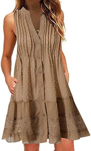 Dubocu Women Dress V-Neck Button Up Sleeveless Tank Top Solid Color  Bohemian Summer Loose Casual Flowy Short Mini Dress Sundress Skirt(S,Khaki)  price in UAE | Amazon UAE | kanbkam