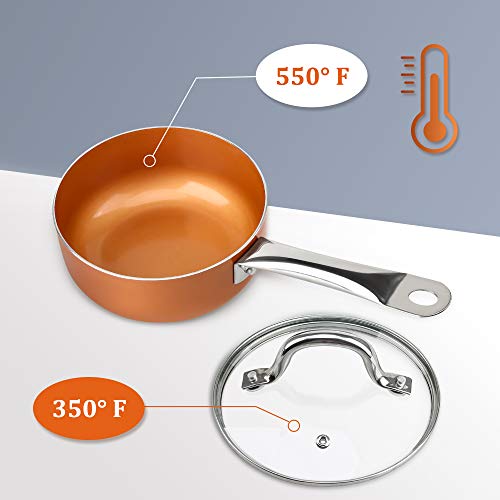 SHINEURI 2.5 qt Copper Saucepan with Lid, Mini Saute Pan with Stainless Steel Handle - Cooking for Soup, Stew, Sauce, Pasta & Reheat Food, Compatible for Induction, Gas, Electric & Stovetops