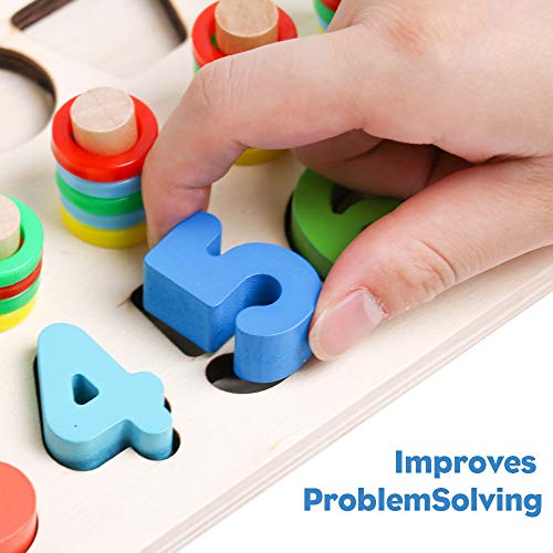 JCREN Wooden Blocks Puzzle Board Set for Tooddler Color Shape Sorting Number Counting Puzzle Blocks Math Stacking Early Development Toys Gift Montessori Toys for Preschool Kids