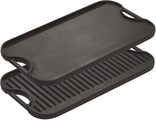 Lodge 20 x 10.44 Inch Pro-Grid Reversible Cast Iron Grill/Griddle – Double Burner Cookware, Pre-Seasoned, Non-Toxic, Made in USA, For Stovetop, Oven, Grill & Campfire