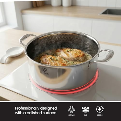 VOGATI CASSEROLE 22CM TRY-PLY STAINLESS STEEL (4 LITRES) WITH GLASS LID -WELDED HANDLE-INDUCTION COMPATIBLE COVERED STOCKPOT-SOUP POTS- (100% PFOA FREE) (4 Litres)