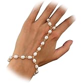 Dainty Beaded Pearl Hand Chain Bracelet for Women Trendy, Charming Boho Gold Finger Ring Wrist Baroque Pearls Bracelets Cute Party Hand Jewelry Gifts