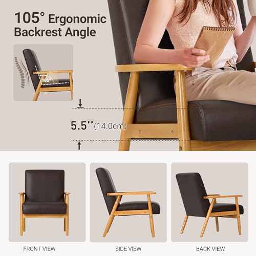COLAMY PU LEATHER ACCENT CHAIR SET OF 2 FOR LIVING ROOM, MID CENTURY MODERN RELAXING ARMCHAIR WITH SOLID WOOD FRAME & SOFT CUSHION（BROWN