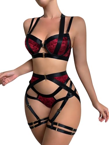 Lilosy Sexy Strappy Underwire Push Up Garter Belt Women Lingerie Set Harness Cutout Outfits Matching Bra Panty 3 Piece