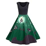 Lelili Women Vintage Halloween Party Dress Elegant Witch Printed Patchwork Flowy Swing A-Line Mini Prom Gown Dress (L, Green)