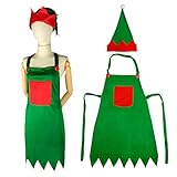 ocharzy 1 pcs Christmas Green Elf Apron Gift Adjustable Server Apron with Pockets and Hat from