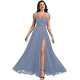 NLQ Spaghetti Straps Bridesmaid Dresses for Wedding Chiffon Long A Line V Neck Pleated Evening Dress with Slit