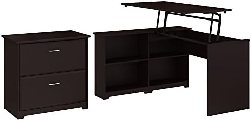Bush Furniture Cabot 52w 3 Position Sit To Stand Corner Bookshelf Desk With Lateral File Cabinet In Espresso Oak