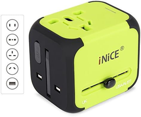 Universal Travel Adapter iNiCE US AU EU UK All-In-One Worldwide Travel Power Wall Plug Chargers with Dual USB Port LED Light AC Socket - Safety Fuse(Green)