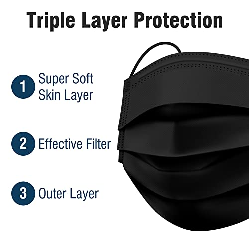 WECARE Disposable Face Mask Individually Wrapped 50 Pack, 3 Ply Black