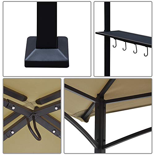 Keymaya 8'x5' Grill Gazebo Shelter for Patio and Outdoor Living BBQ Shelter Tent, Double Tier Soft Top Canopy and Steel Frame with Bar Counters, Bonus LED Light (Khaki)