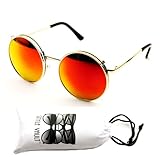 V137-vp Flip up /Out Round Metal Sunglasses 2" Lens (113 Gold-Ruby Red, Mirrored)