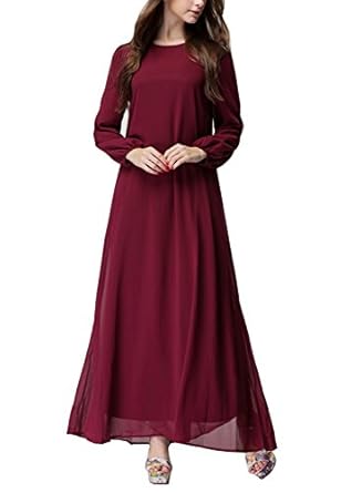 Womens Elegant Long Sleeve Chiffon A-line Formal Maxi Muslim Dress Abaya