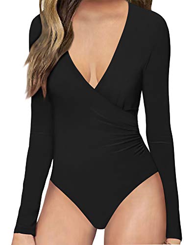 Mangopop Women' Surplice Ruched Plunge Neck Deep-V Long Sleeve Bodysuit Jumpsuits (Black, Large)