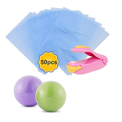 Heat Sealer,Heat Sealer for Plastic Bags,Mini Sealing Machine Impulse Bag Sealer & 50pcs 4 x 6 inch PVC Shrink Wrap Bags for Soaps Making,Bath Bombs,Bottles Crafts & DIY Homemade