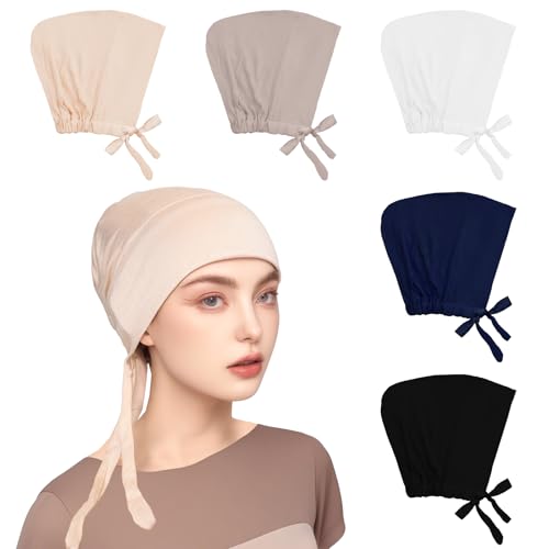 Avxzbef 5Pcs Islamic Muslim Under Hijab Cap Inner UnderScarf for women Inner Under Scarf Hat Hijab Cap with Tie Back Closure