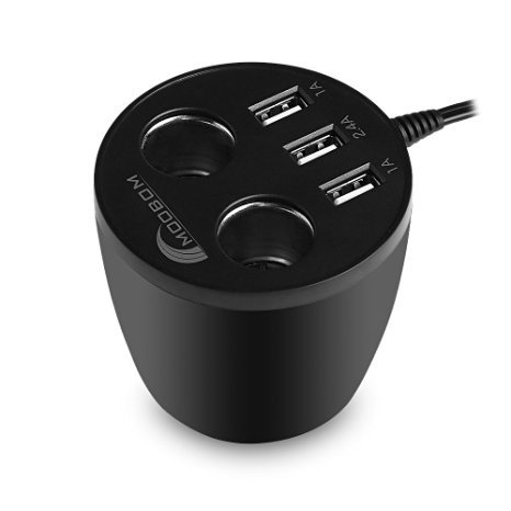 Moobom 3 USB Ports Cup Car Charger with 2 Sockets Cigarette Lighter for Apple Android Windows Smartphones Tablets