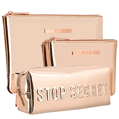 3pcs Zippered Toiletry Bags, U+U Makeup Bags Organizers Waterproof Cosmetic Bags for Women Girls, Glitter Gold