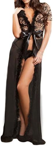 LittleLittleSky Womens Sexy Ivory Fur Trim Glam Night Robe Gown Long Dress (XL|2XL, Black)