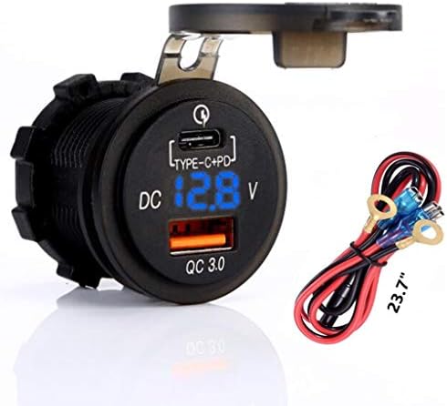Quick Charger 3.0 Socket, USB + Type C Output w/Blue led Voltmeter & 23.7" Wire with 10A Fuse.for Car, Marine, Boat, Razor 1000, RZR 1000, Jeep, ATV, Truck, Motorcycle. Cirgarette Lighter Replacement